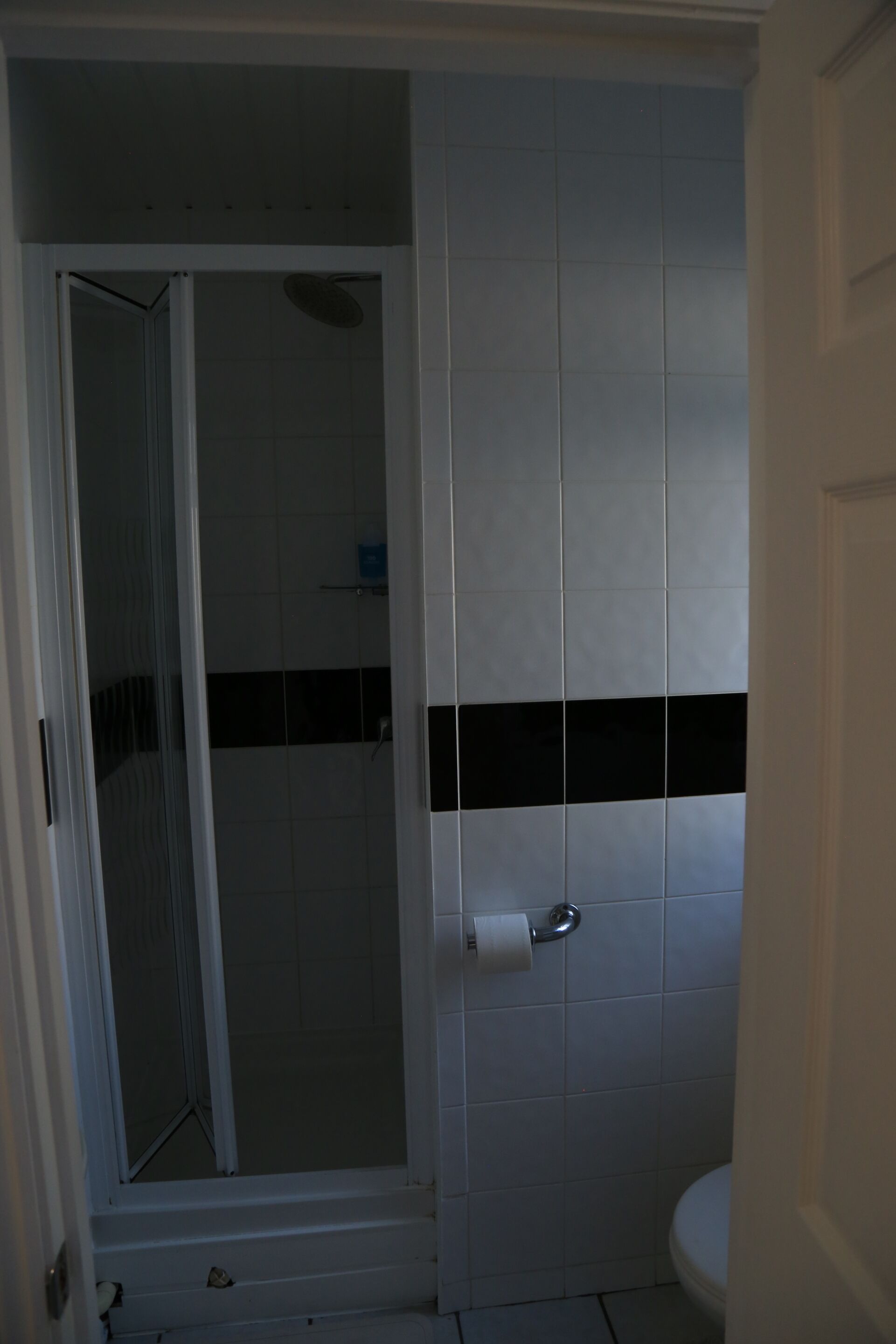 Baño con ducha, inodoro y perchero.