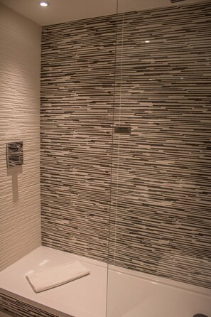 Combined shower/bathtub, hair dryer, towels