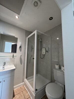 Familiekamer (4 beds) | Badkamer | Een douche, gratis toiletartikelen, een haardroger, handdoeken