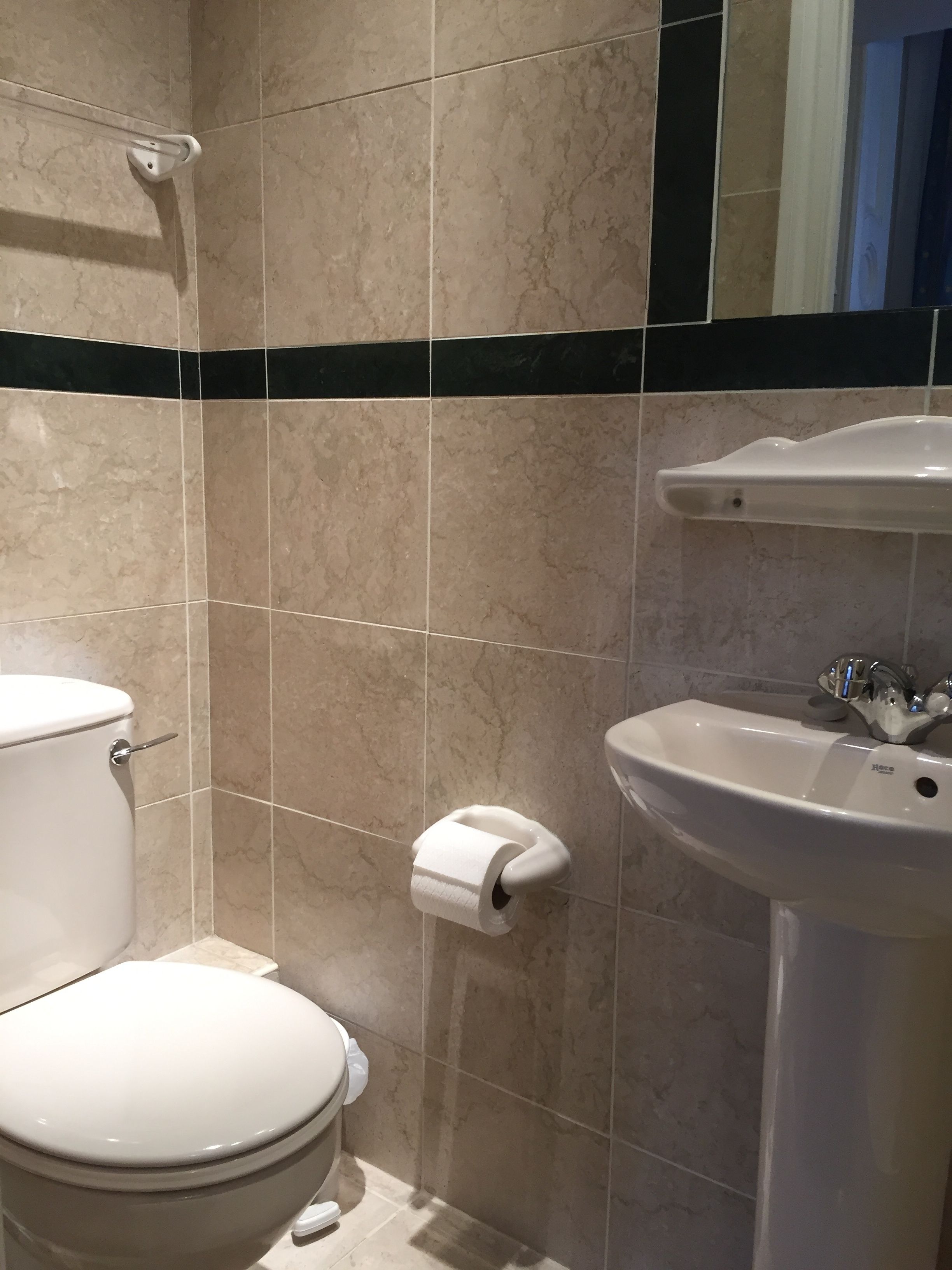 A bathroom with a toilet, a sink, and a toilet paper holder.