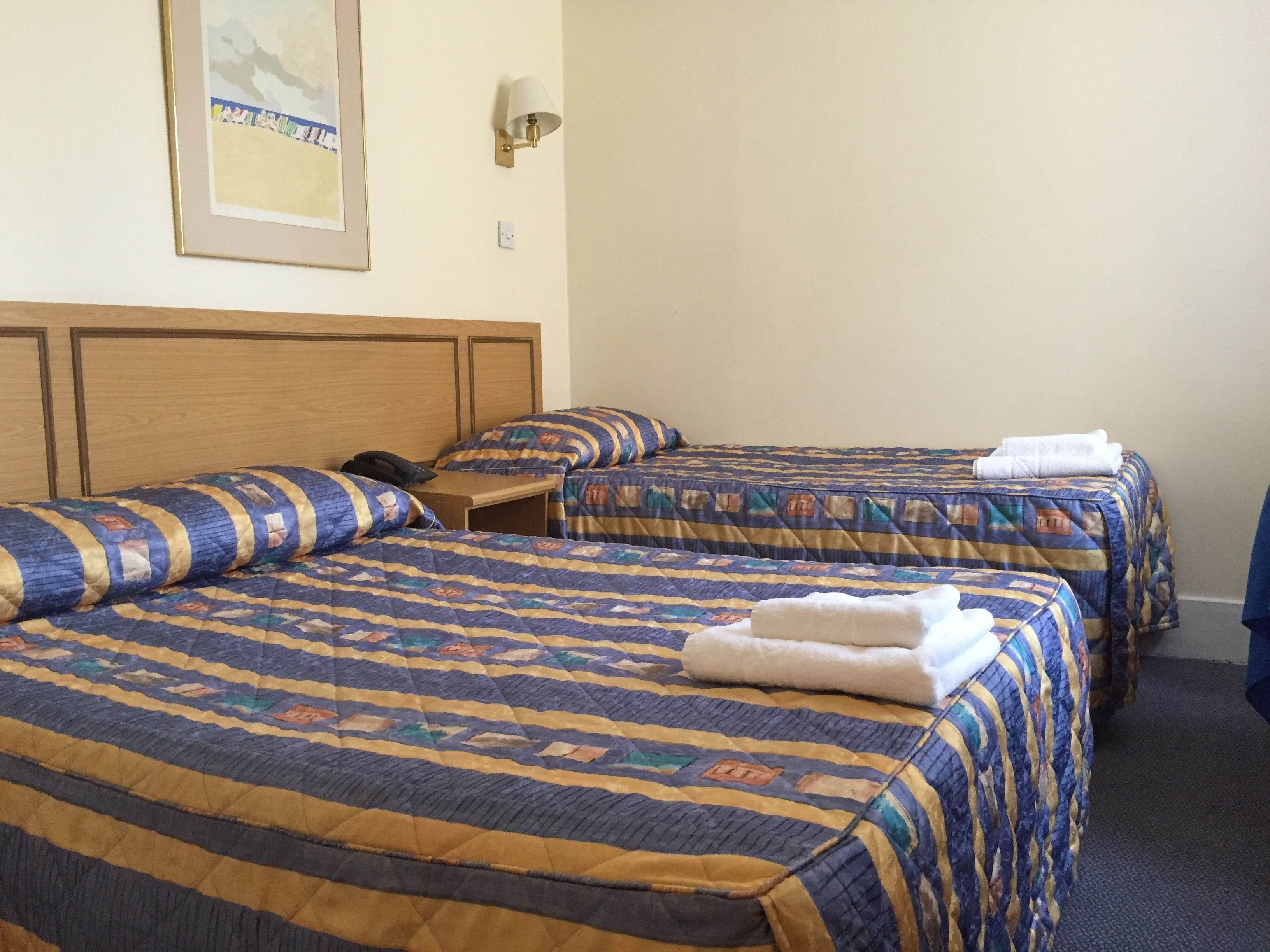 Habitació d'hotel amb dos llits, cadascun amb un llençol estampat, un panell de fusta al capçal, una taula de nit i una làmpada penjada a la paret.