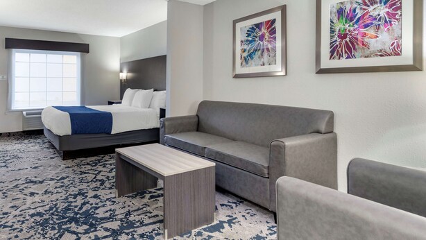 A hotel room with a bed, a gray sofa, a small table, and two abstract paintings on the wall. - Best Western Allatoona Inn & Suites (Cartersville)