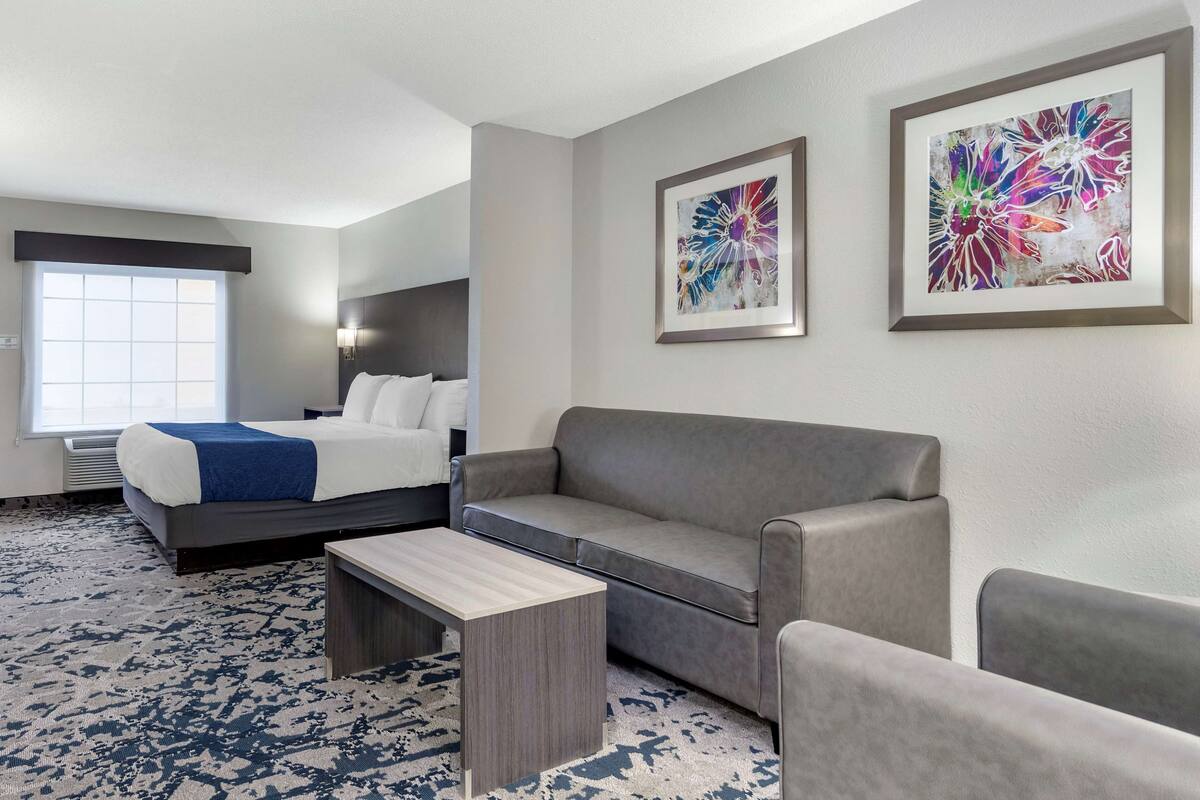 A hotel room with a bed, a gray sofa, a small table, and two abstract paintings on the wall.