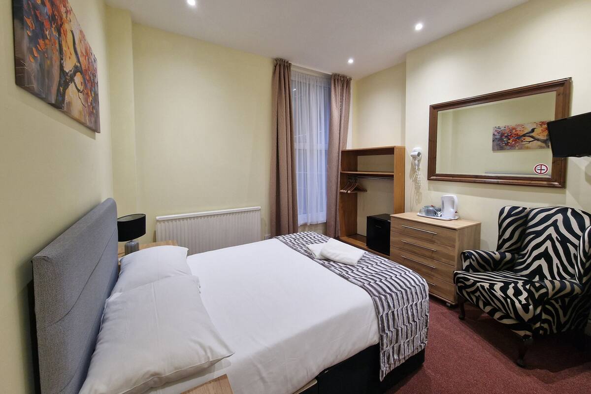 A hotel room with a bed, a chair, a desk, a mirror, and a radiator.