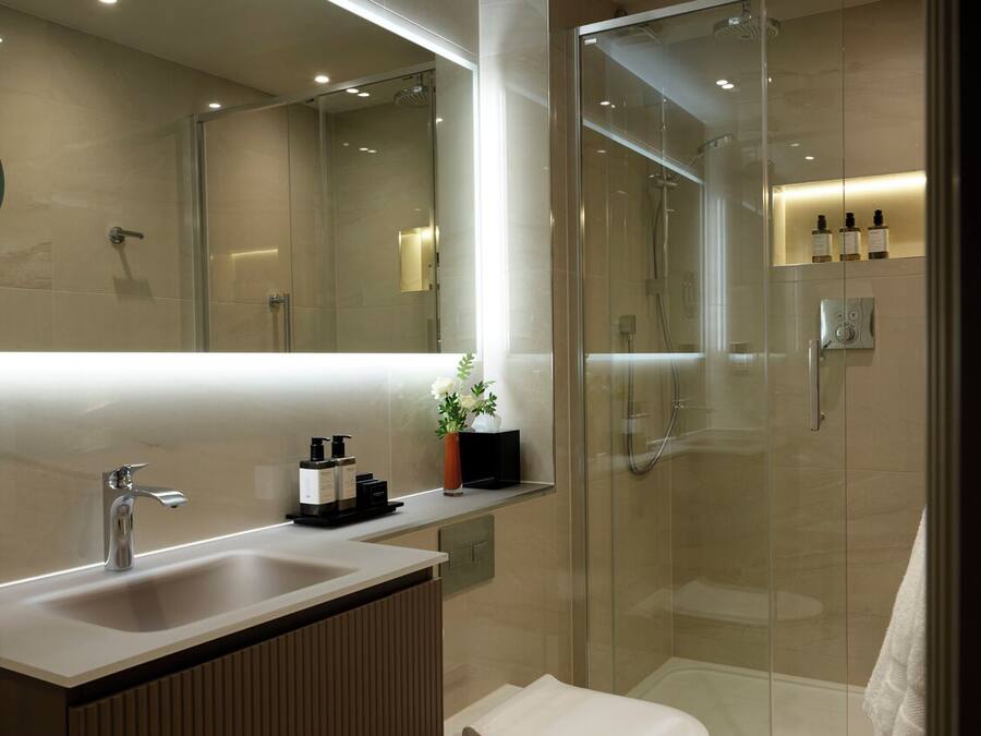 Designer toiletartikelen, een haardroger, handdoeken