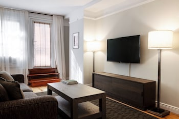 Penthouse, 1 Bedroom | Living area | LCD TV, DVD player, iPod dock at The Bayard