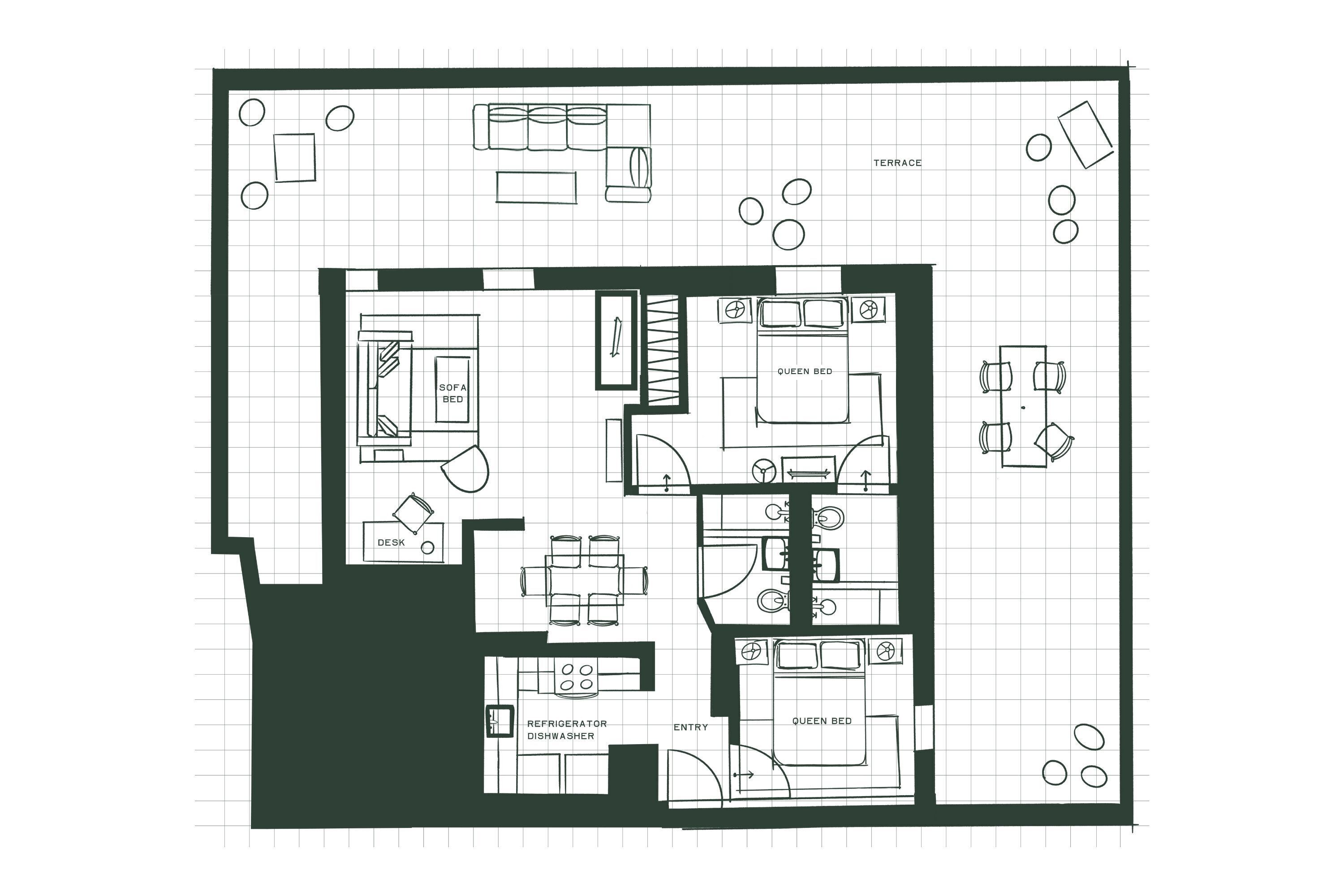 Plano de planta de una habitación de hotel con cama tamaño queen, escritorio, sofá y una pequeña cocina equipada con refrigerador y lavavajillas.