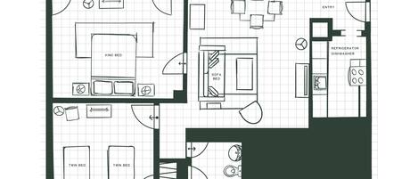 Plano de un cuarto de hotel con una cama king size, dos camas individuales, una cama sofá y un baño con kitchenette.