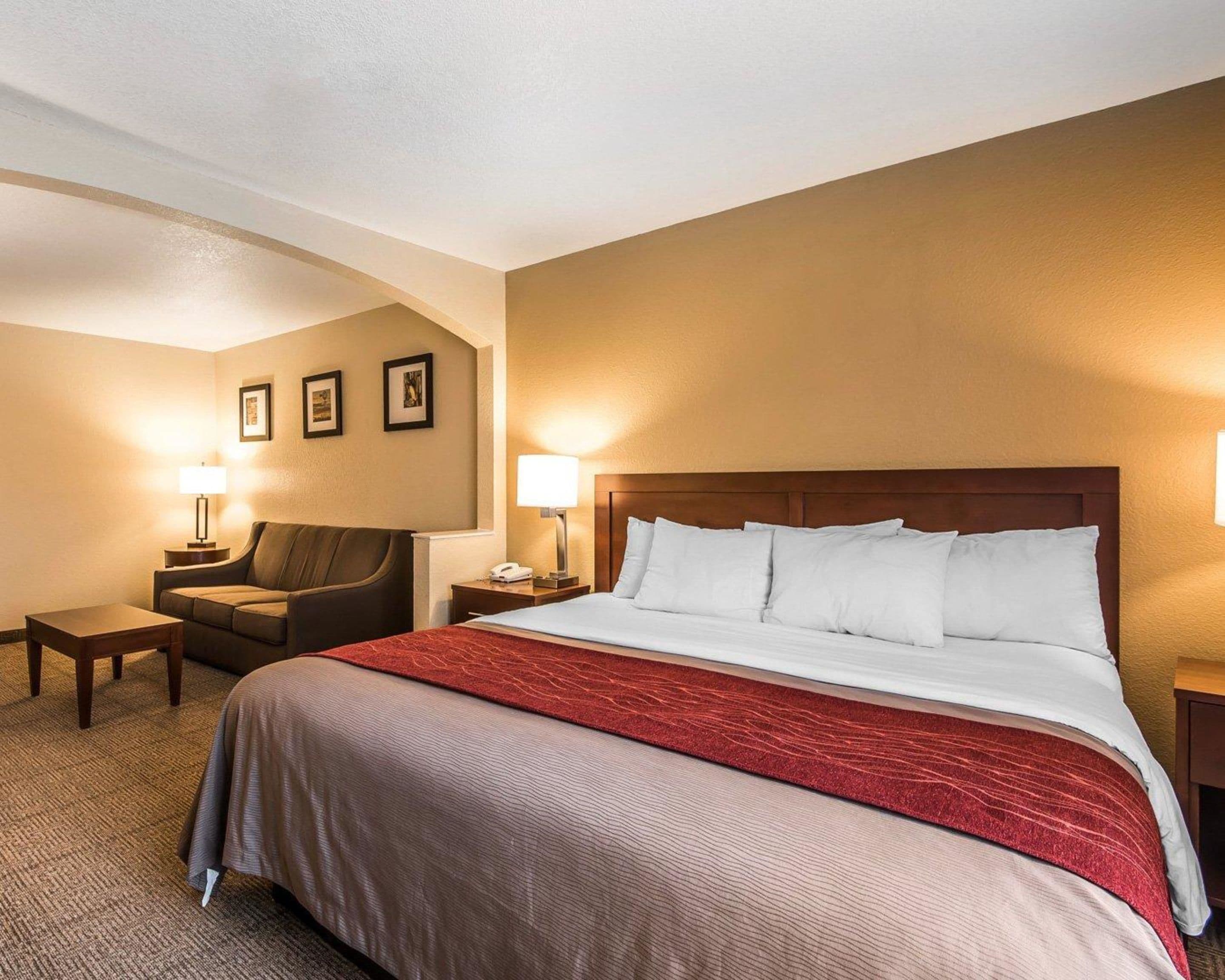 A hotel room with a large bed, a sofa, a desk, and a nightstand.