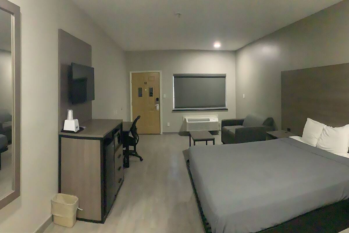 Habitación de hotel con una cama, un escritorio con silla, un televisor y un cesto de basura.