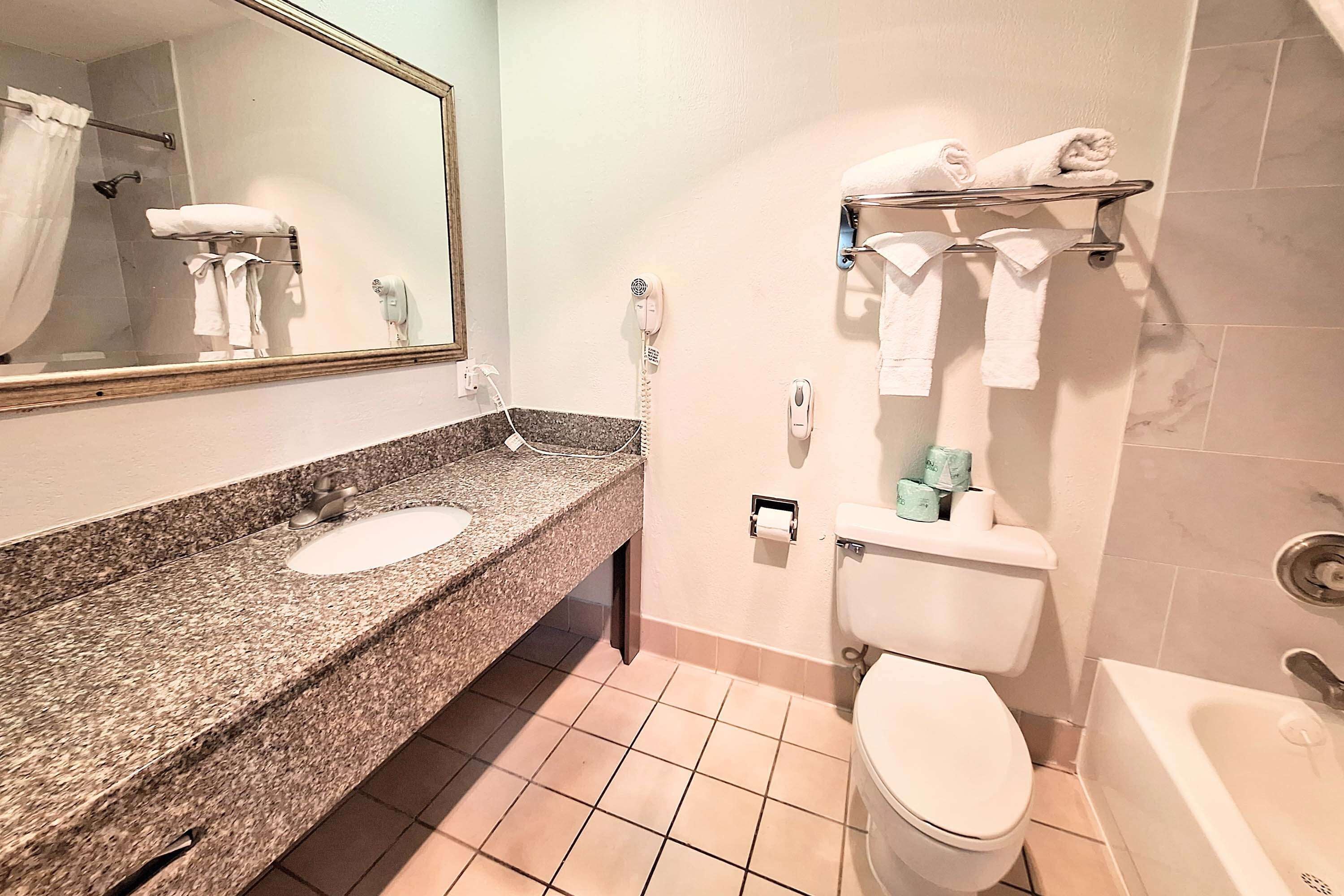 A bathroom with a granite countertop sink, a toilet, a shower, and a mirror.