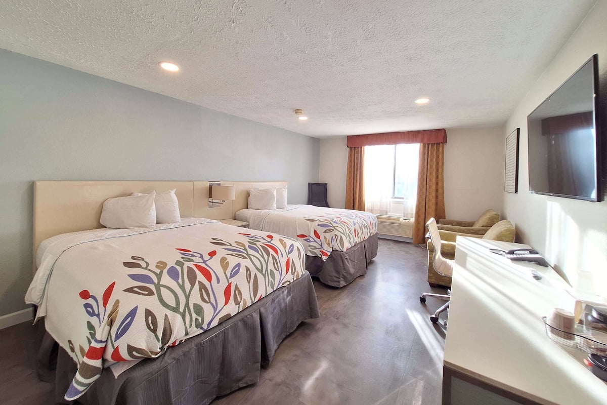 Une chambre d’hôtel avec deux lits, un bureau, une chaise et un téléviseur.