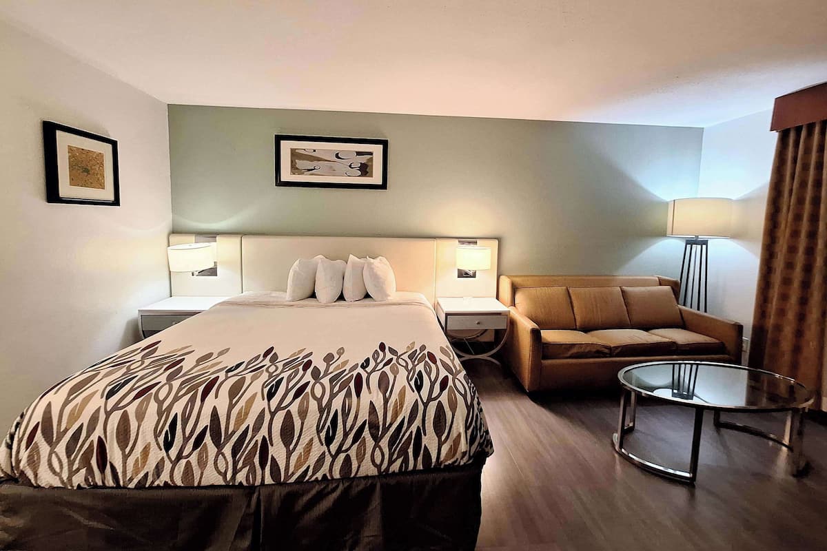 Une chambre d’hôtel avec un grand lit, un canapé, une table basse en verre et deux lampes de chevet.