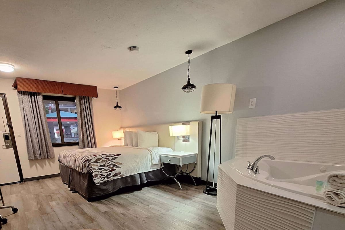 Une chambre d’hôtel comprenant un lit, une table de chevet, une lampe et une salle de bain avec une baignoire et un lavabo.