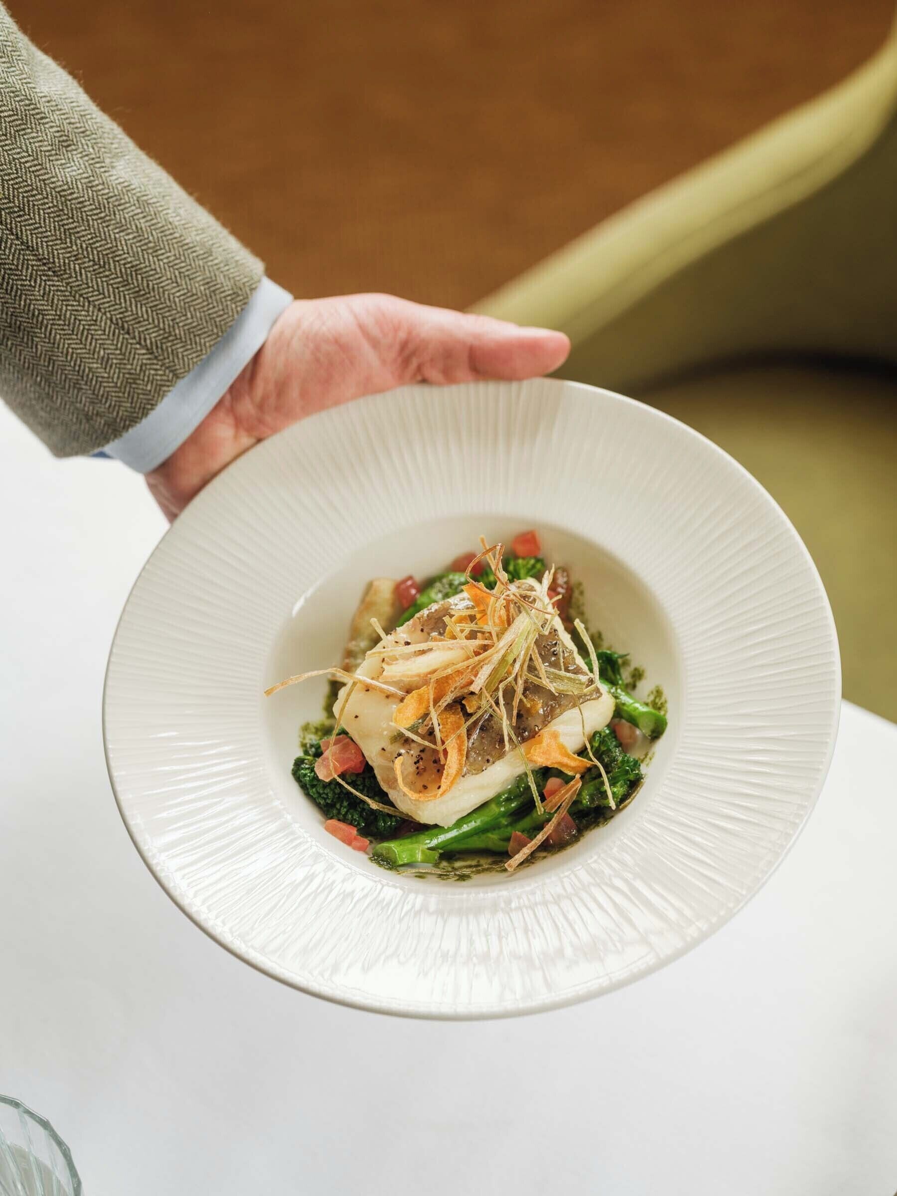 A white plate with a dish of food, held by a hand wearing a grey sleeve.