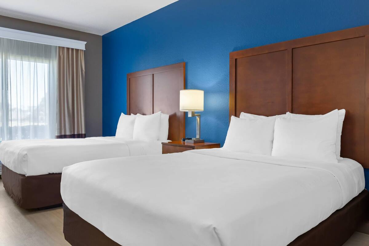 Standard Room, 2 Queen Beds, Non Smoking | Desk, laptop workspace, blackout drapes, iron/ironing board