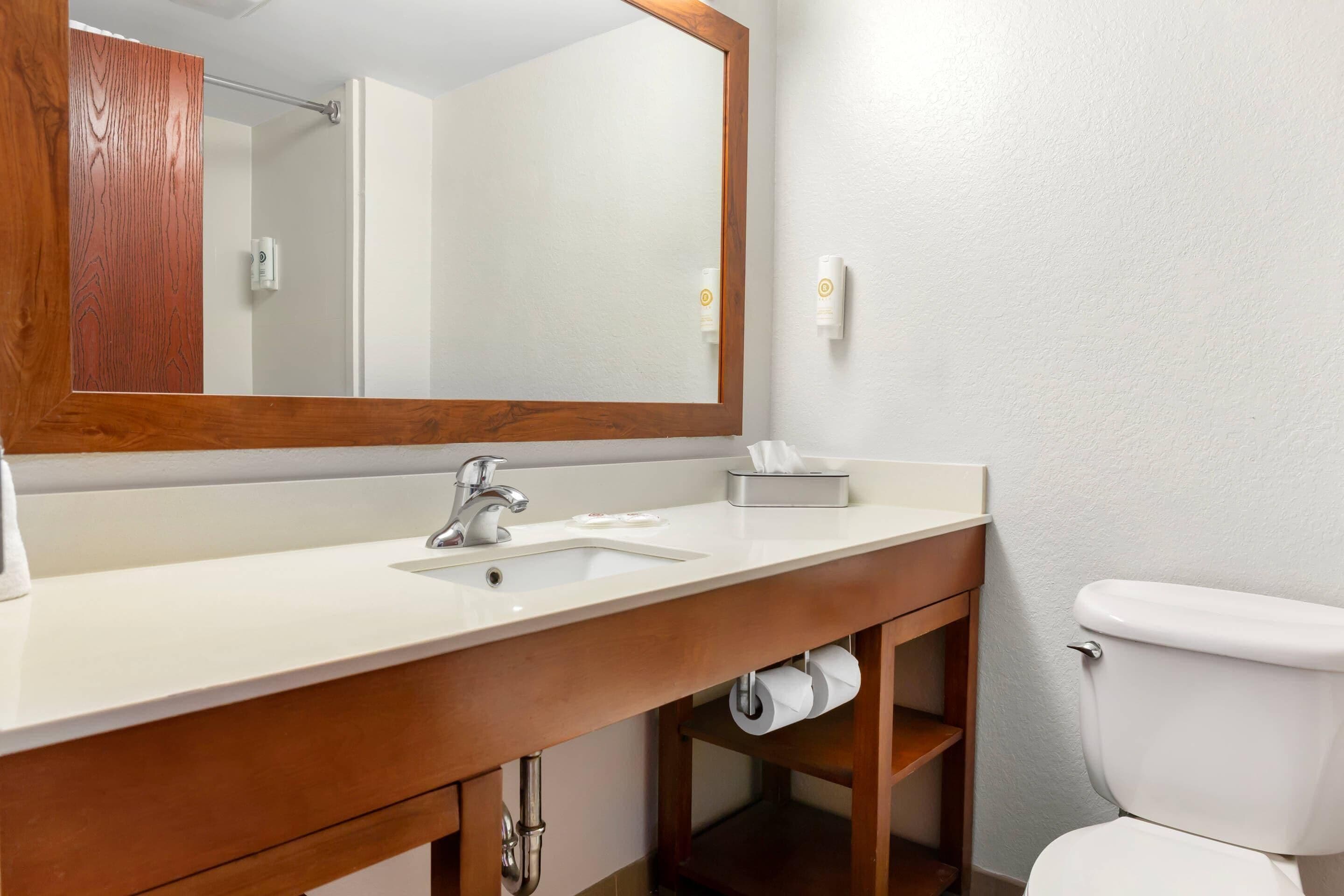 A bathroom with a wooden vanity, a sink, a mirror, a toilet, and a towel rack.