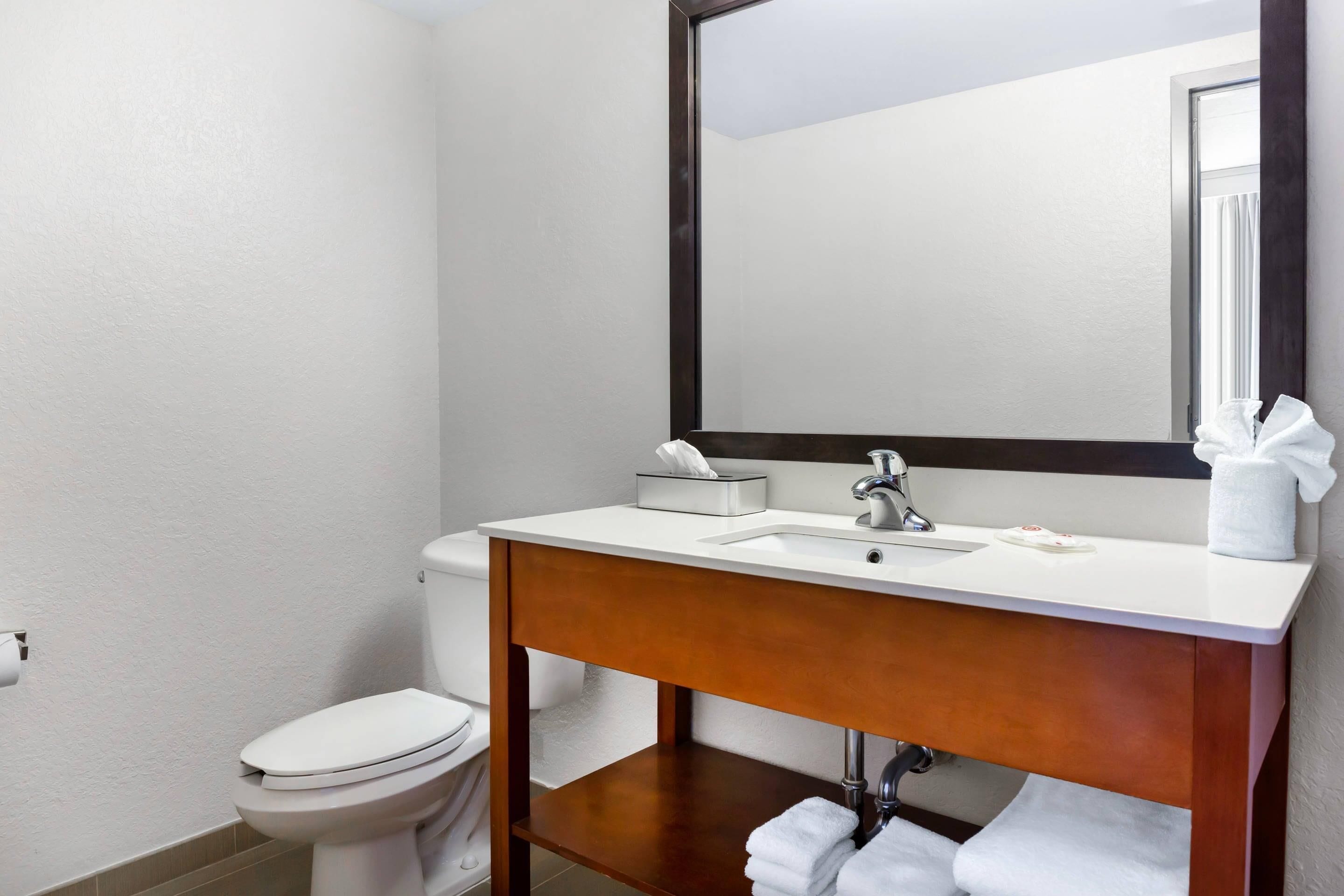 A bathroom with a white toilet, a wooden vanity with a mirror, and a sink.