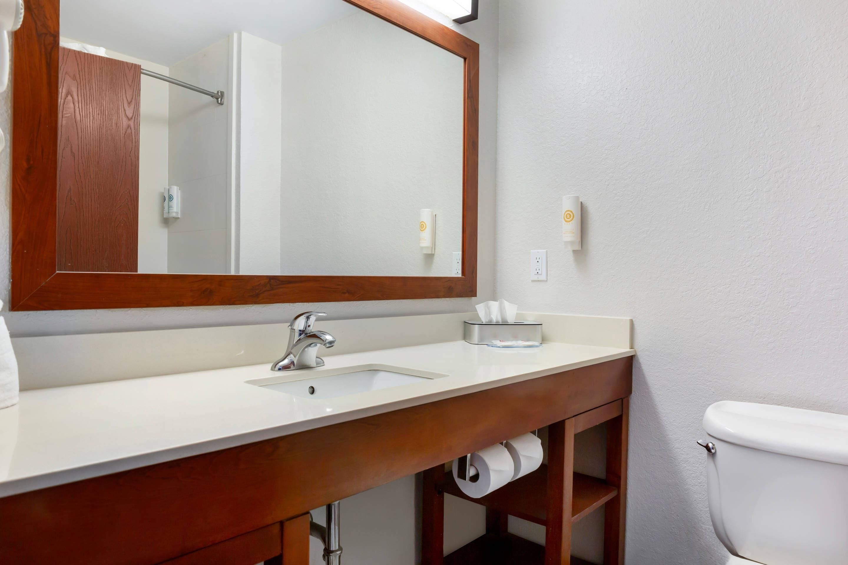 Ein Badezimmer mit weißem Waschbecken, einem Holz-Waschtisch, einem großen Spiegel, einer Toilette und einem Handtuchspender.