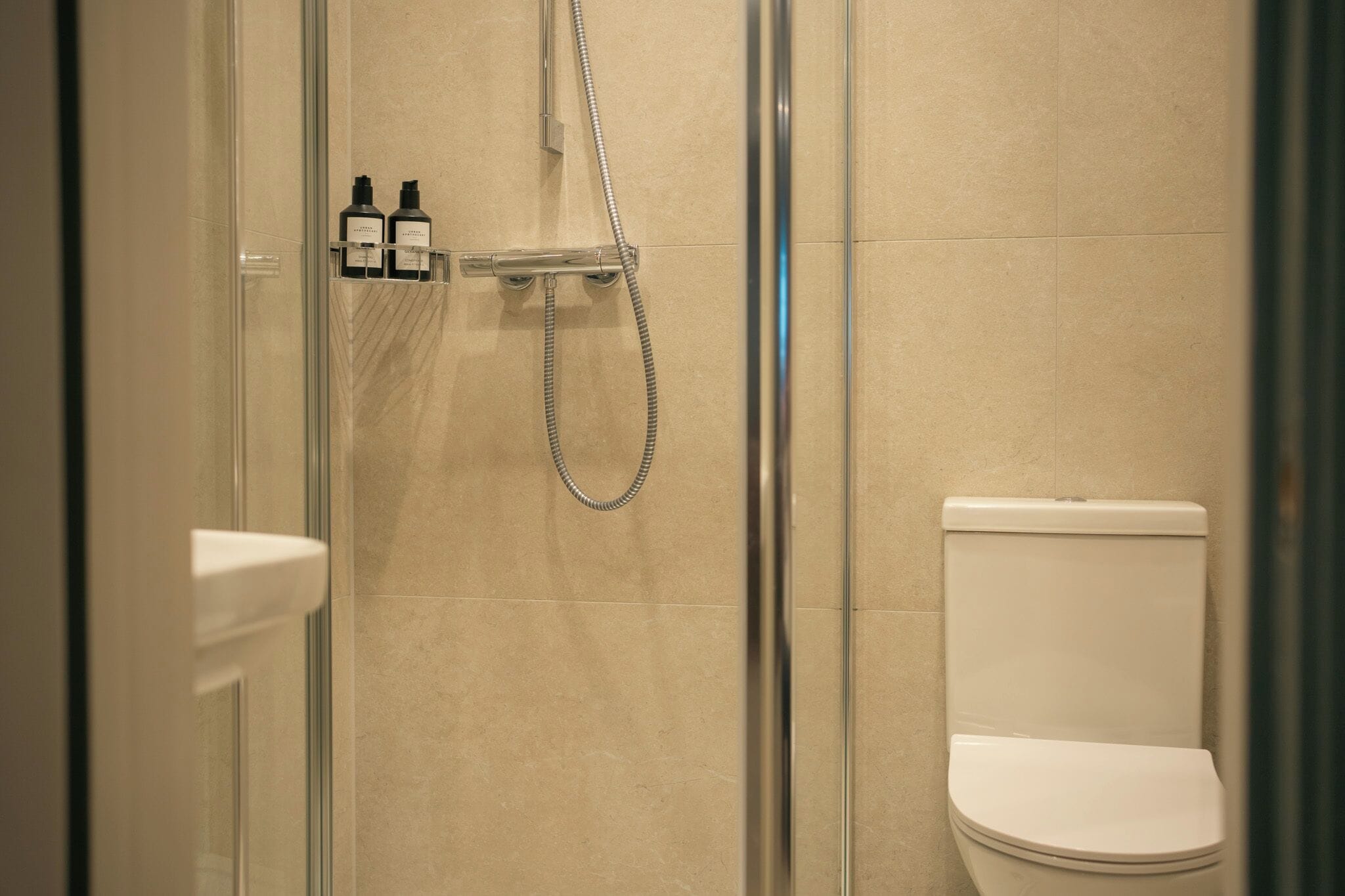 Ein Badezimmer mit einer Duschkabine, einer Toilette und einem Regal mit zwei Flaschen.