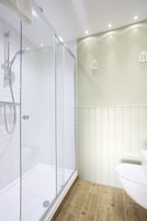Ein modernes Badezimmer mit einer begehbaren Glasdusche, einer weißen Toilette und Holzboden.