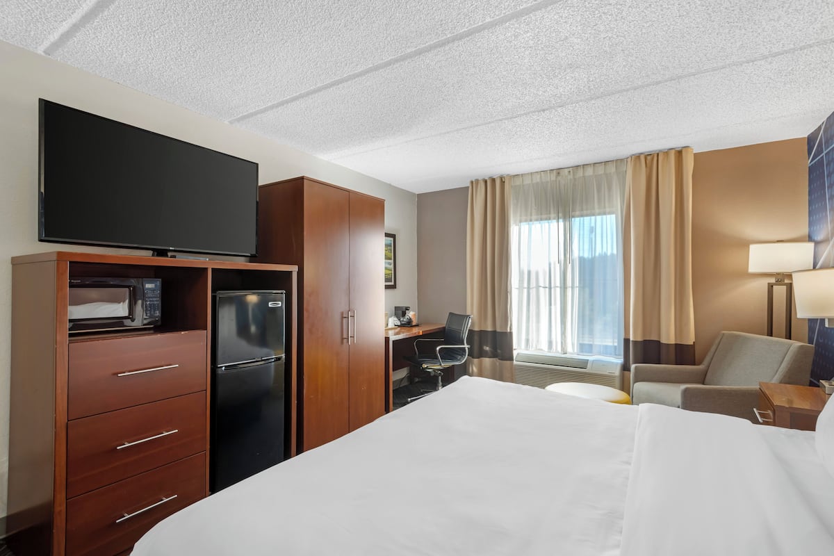 A hotel room with a bed, a desk, a chair, a television, a microwave, and a refrigerator.