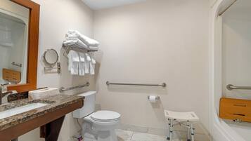 A bathroom with a toilet, sink, and handrails.