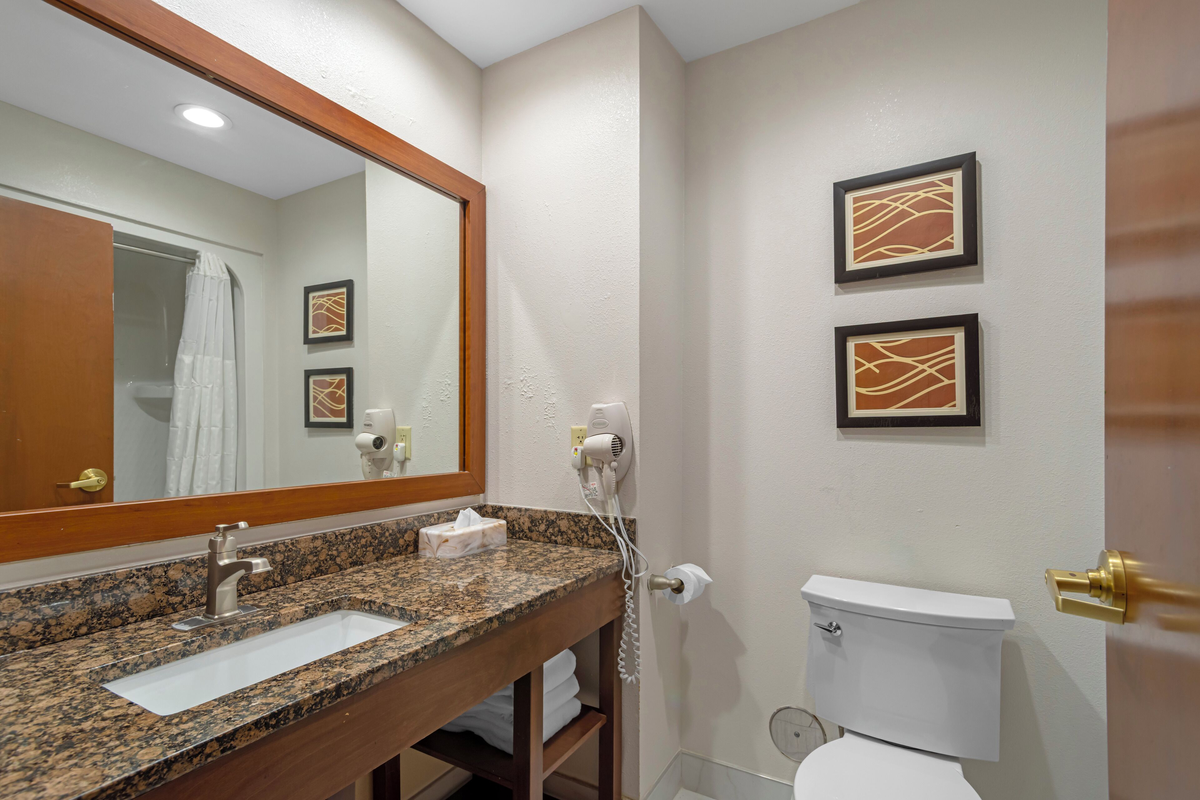 A bathroom with a granite countertop sink, a mirror, a toilet, and two framed wall art pieces.