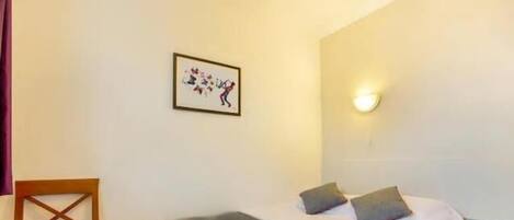 A single bed with a grey blanket and pillows, a wooden chair with a red cushion, a framed picture on the wall, and a wall-mounted light fixture.