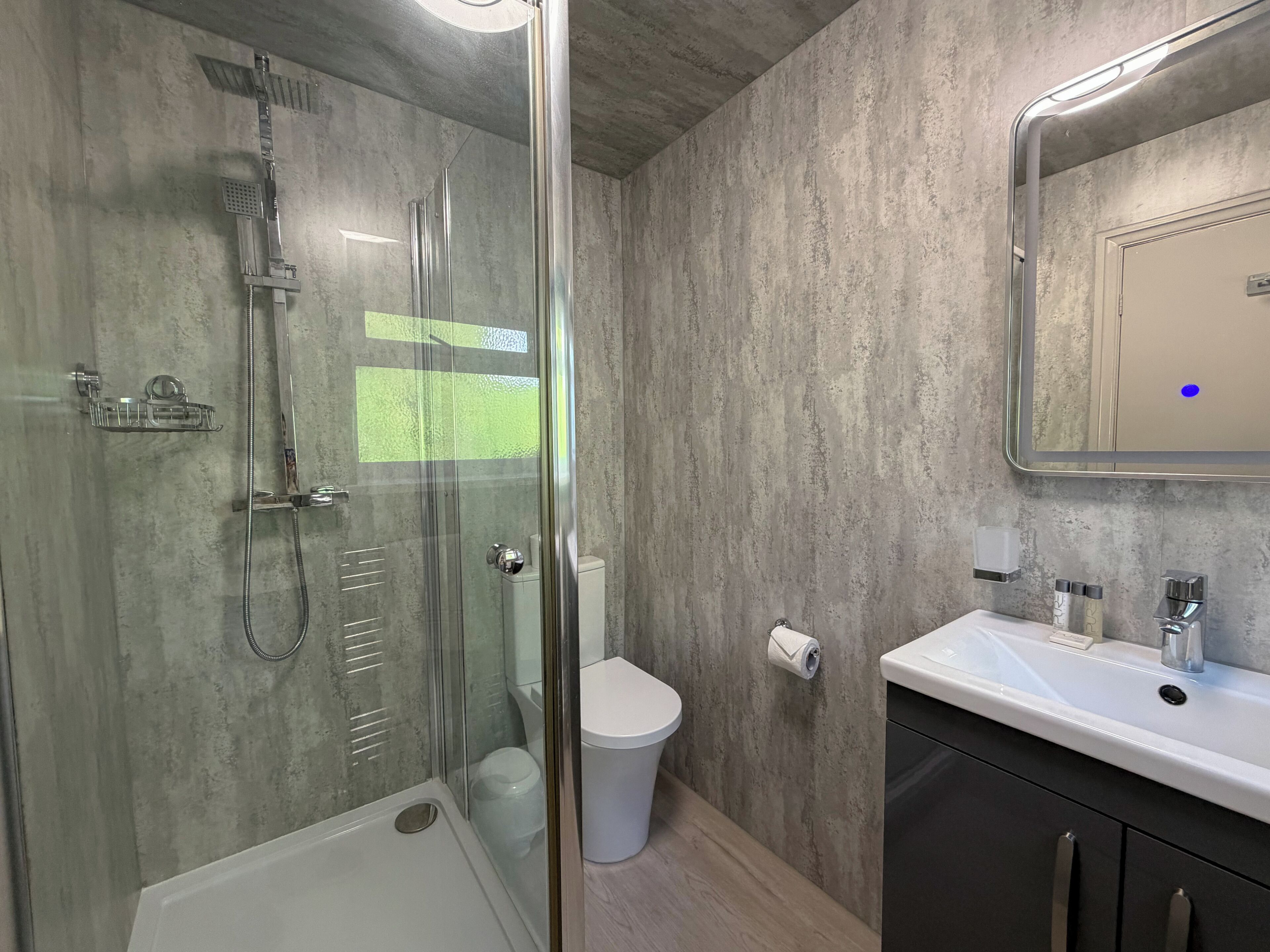 A modern bathroom with a glass-enclosed shower, a white toilet, a sink with a mirror, and a dark cabinet.