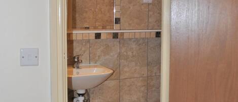 A bathroom with a sink, toilet, and shower area.