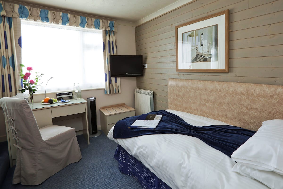 Une chambre d’hôtel comprenant un lit, un bureau avec une chaise, un radiateur, une télévision et un tableau encadré au mur.
