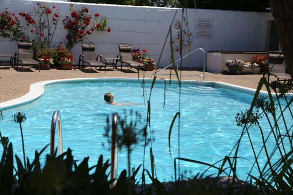 Outdoor pool, open 9 AM to 7 PM, pool loungers