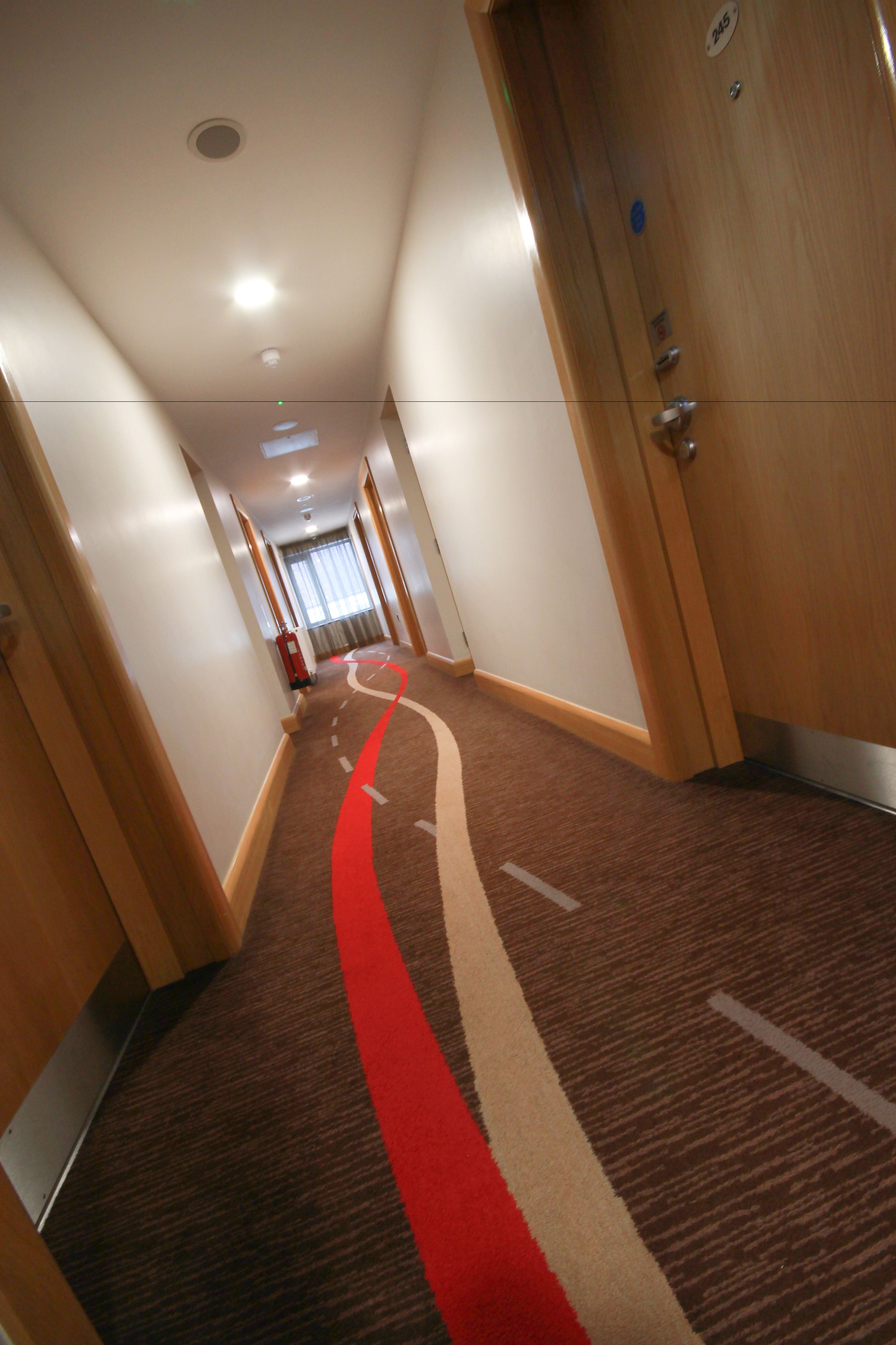 Un pasillo de hotel con suelo alfombrado, puertas de madera y un extintor.