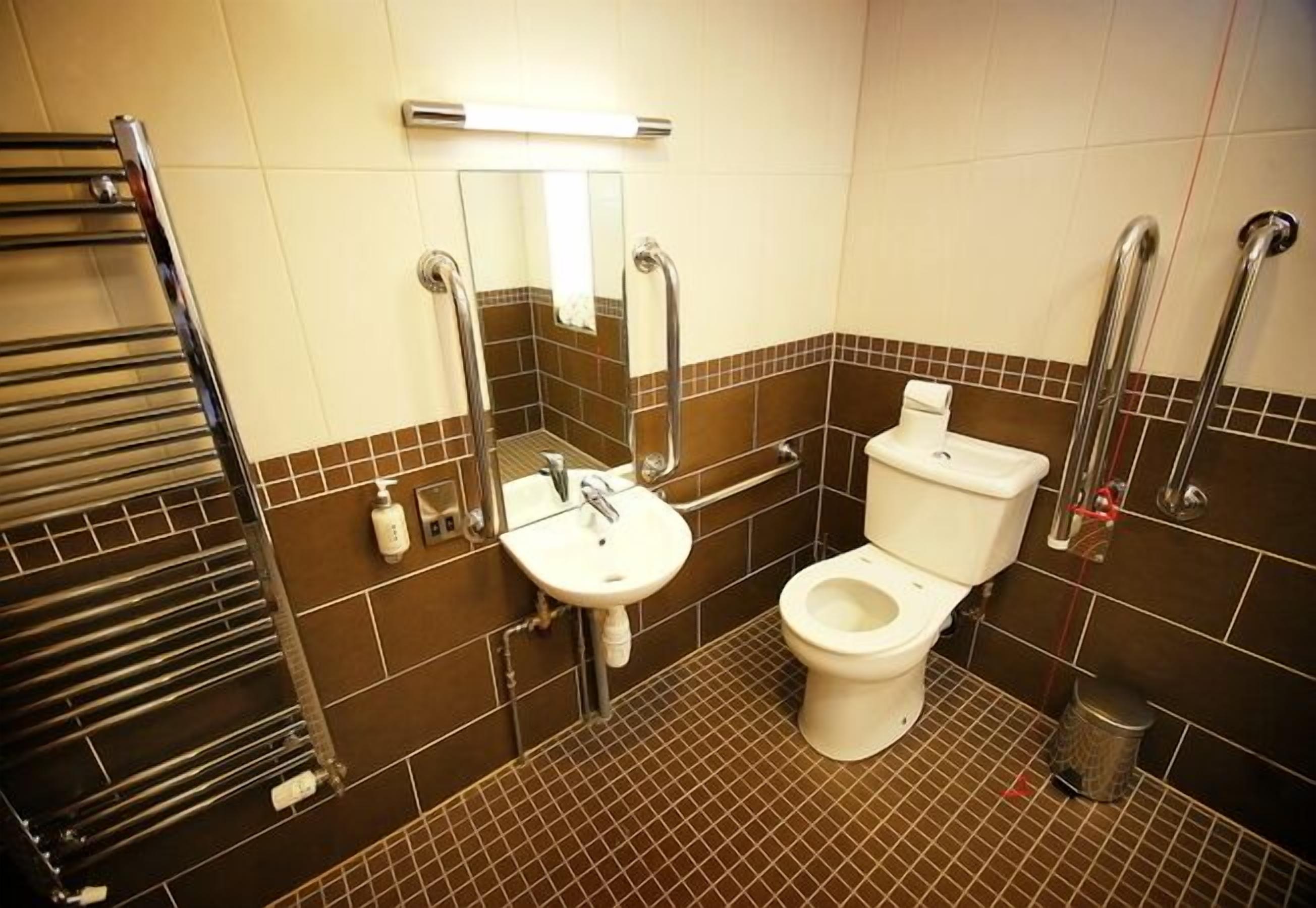 A bathroom with a white toilet, a sink, a mirror, and a towel rack.