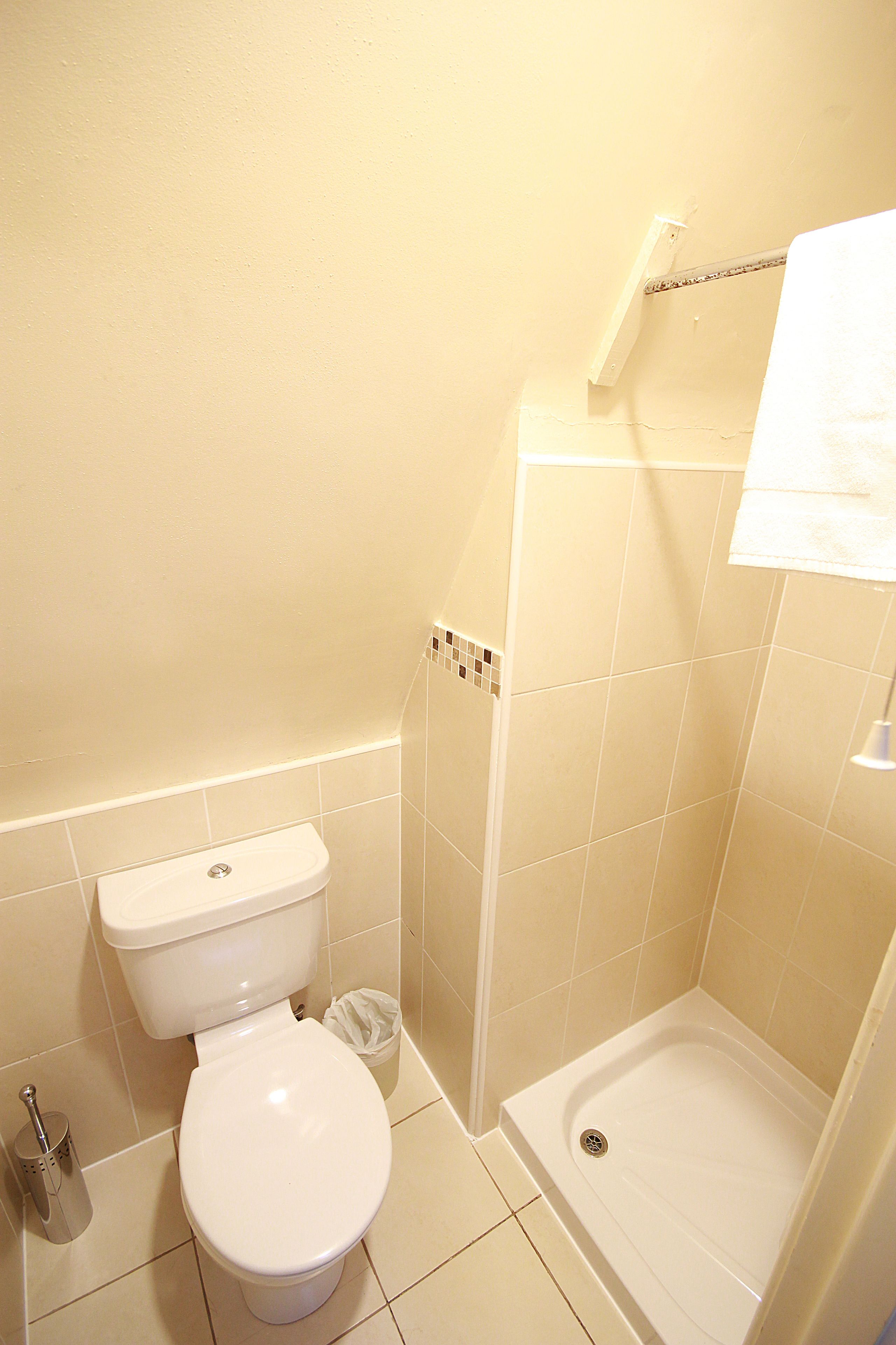 A bathroom with a toilet, a shower, and a tiled floor.