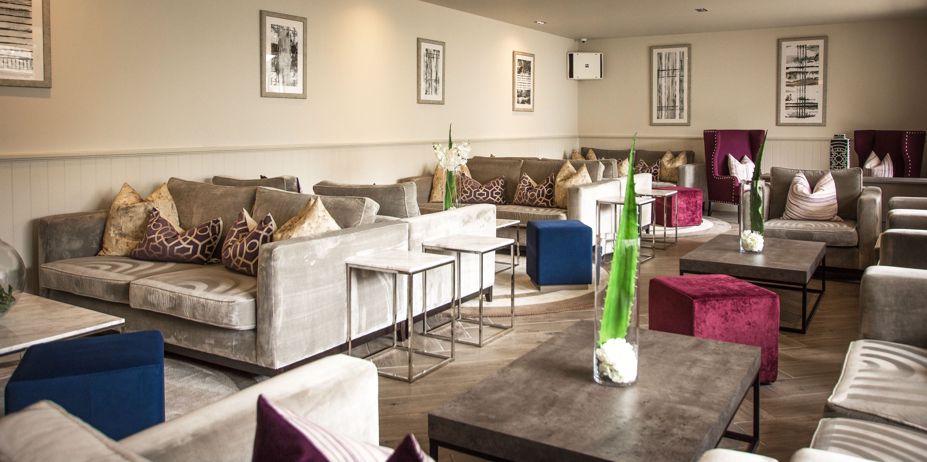 Un espace de détente moderne, doté de canapés, de fauteuils et de tables, agrémenté d’œuvres d’art aux murs et d’un cactus servant de pièce maîtresse.