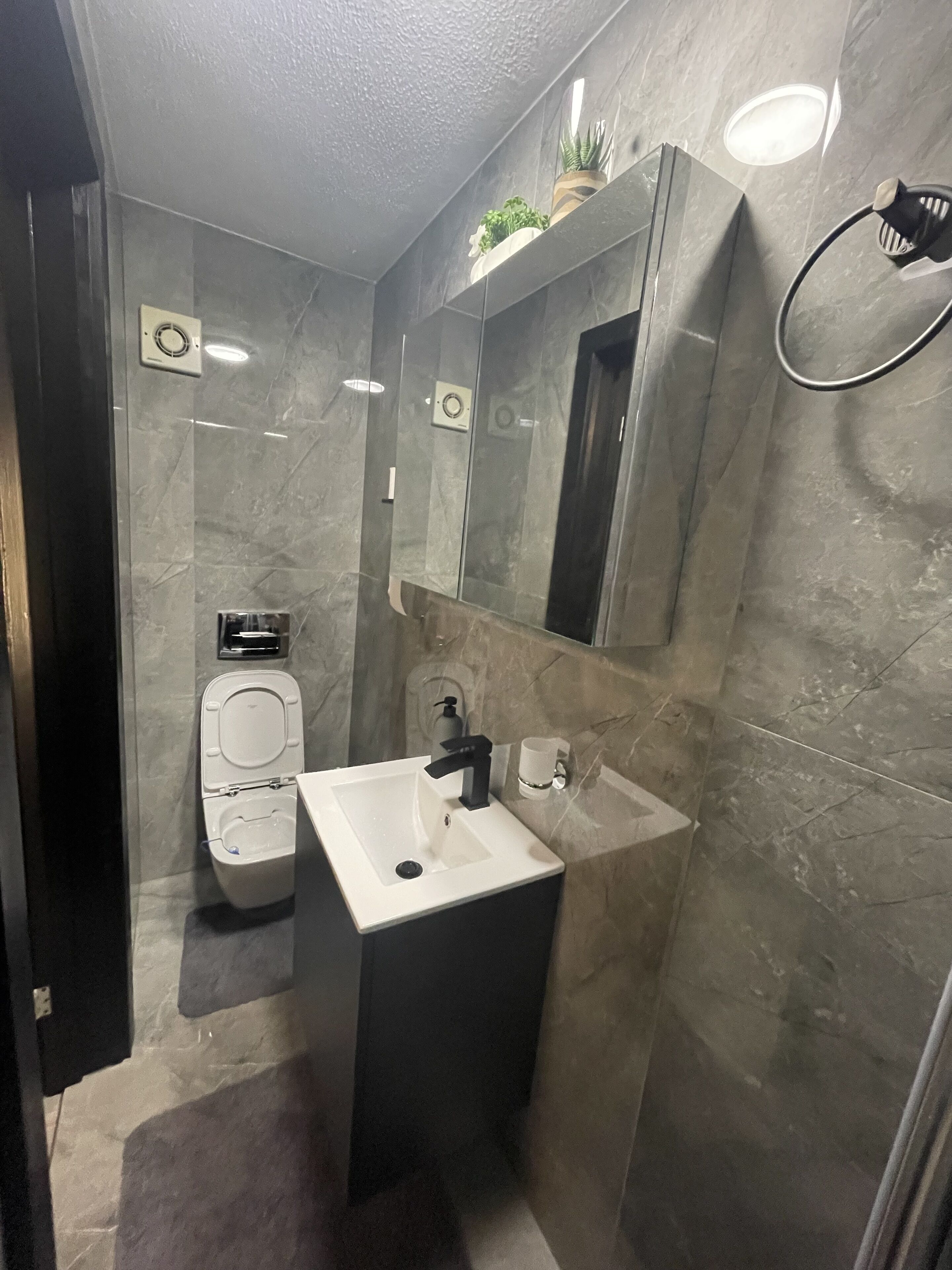 A modern bathroom with a white sink, a toilet, and a mirror above the sink.