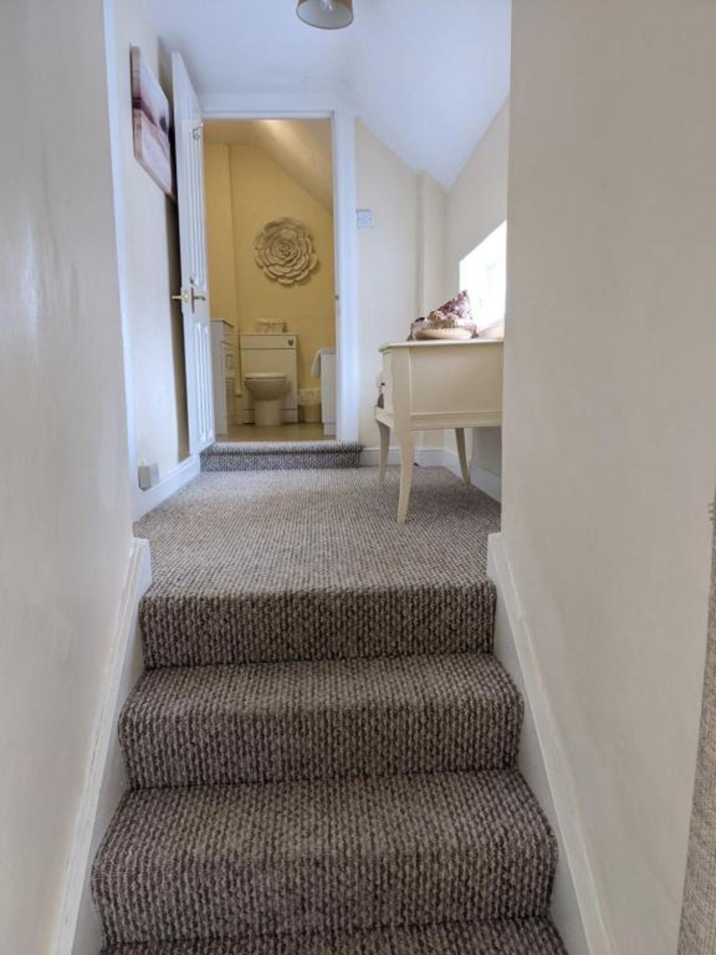 Un escalier recouvert de moquette mène à une salle de bain équipée de toilettes et d’un lavabo.