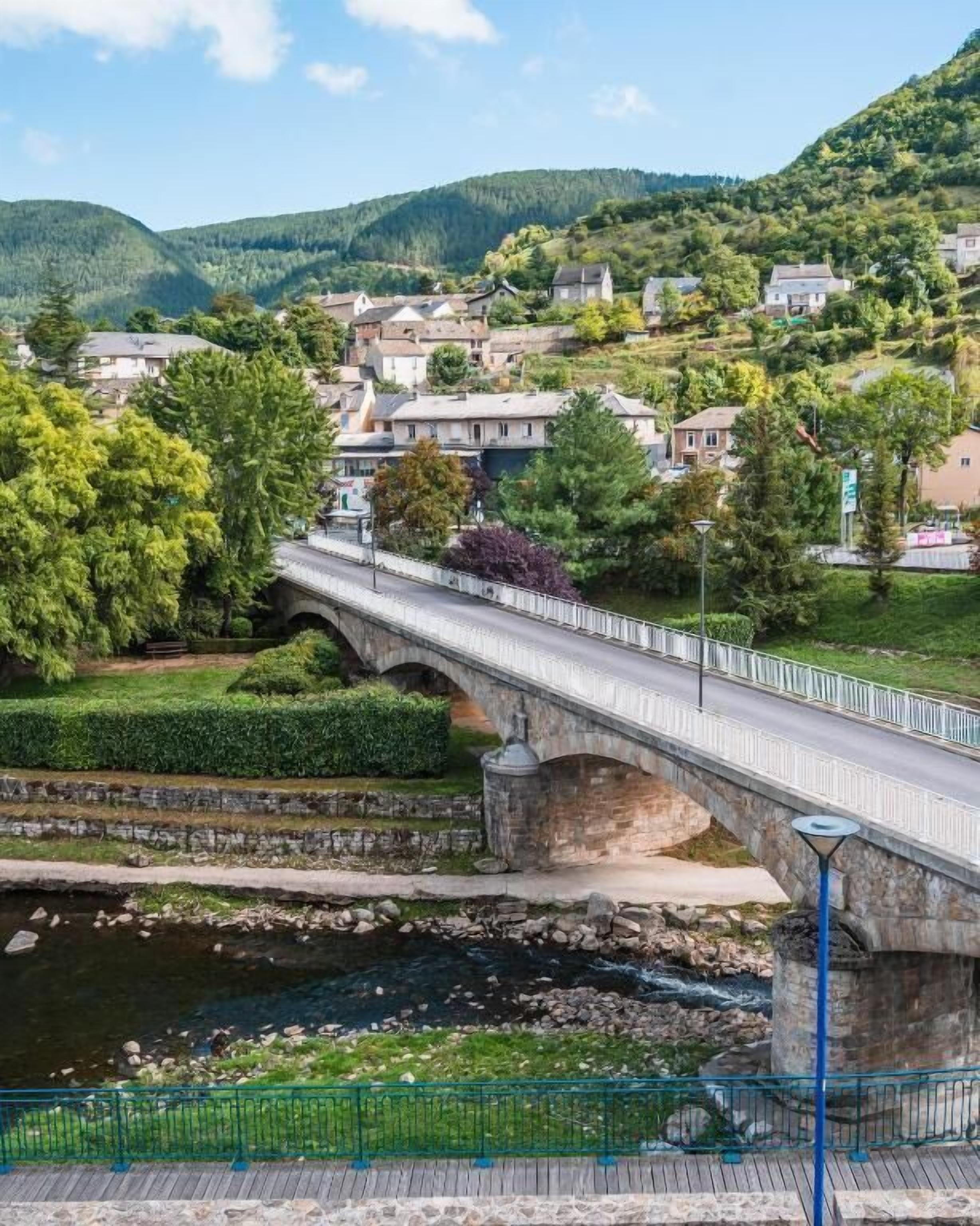 A stone bridge over a river with a town in the background.