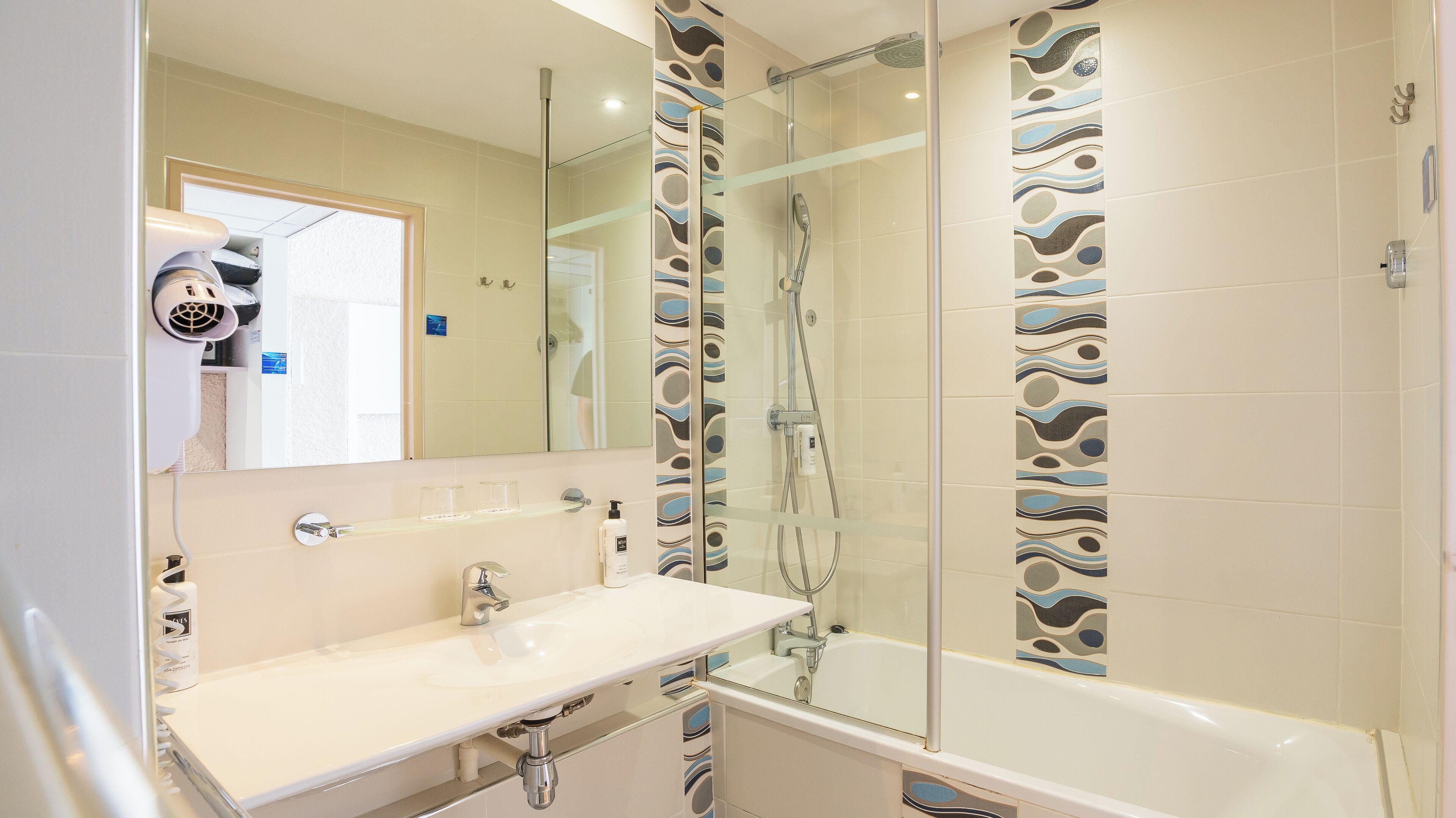 free toiletries, hair dryer, towels