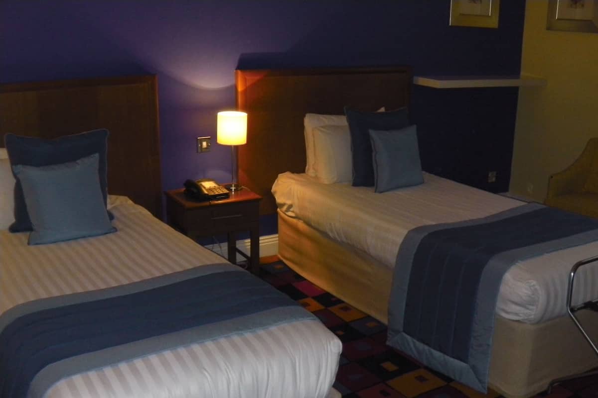 Two beds with blue bedding, a nightstand with a lamp, and a patterned carpet.