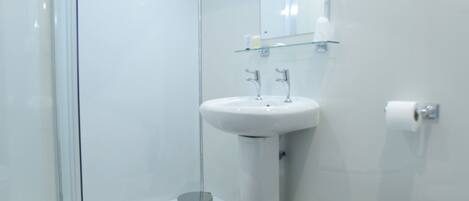 A modern bathroom with a glass shower enclosure, a pedestal sink, and a toilet.