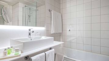 Shower, rainfall showerhead, eco-friendly toiletries, hair dryer