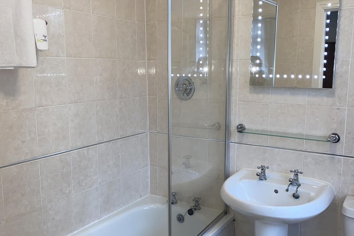 Combined shower/tub, free toiletries, hair dryer, towels