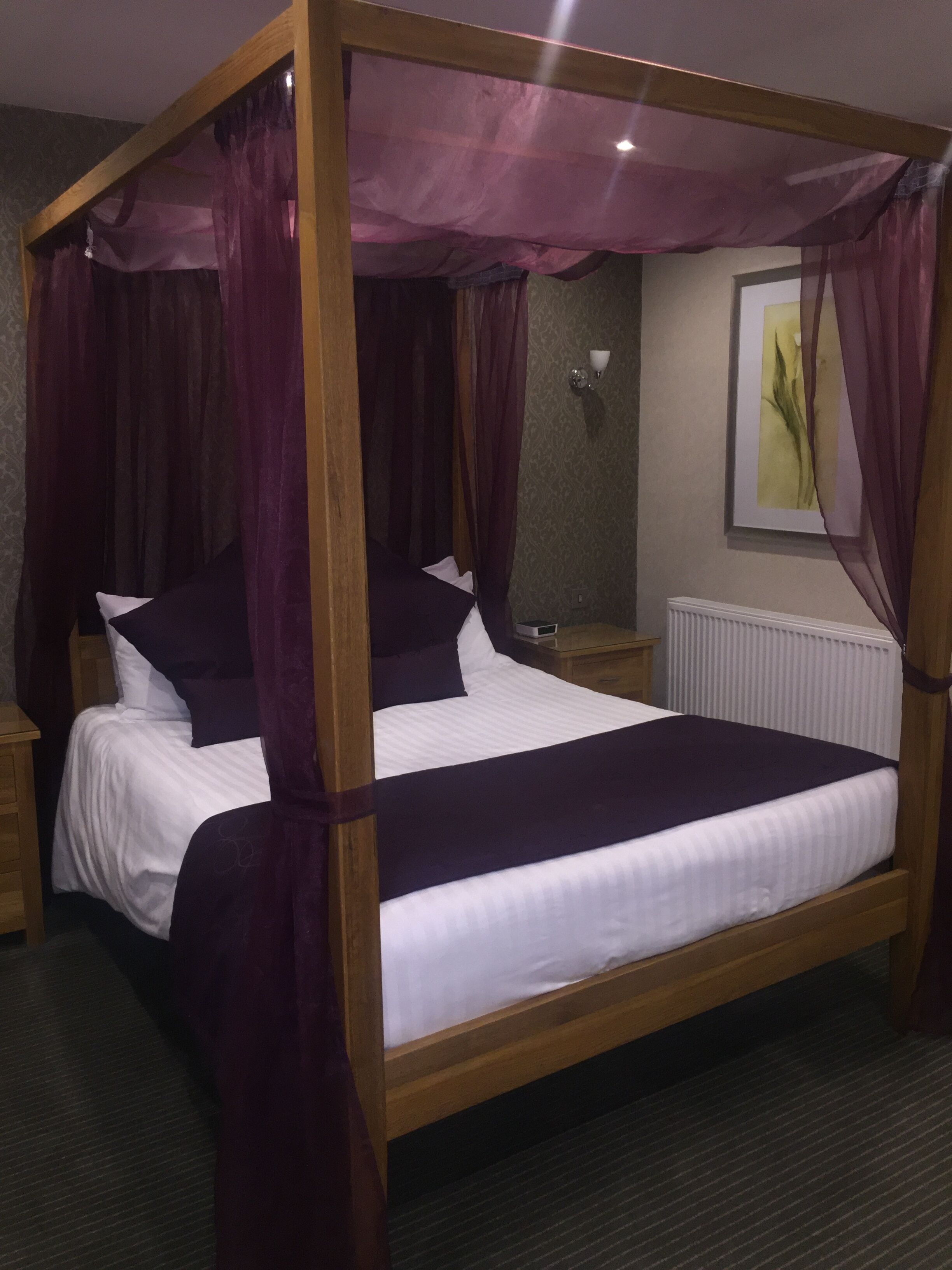 A four-poster bed with a canopy, a bedside table, a nightstand, and a wall-mounted light fixture.