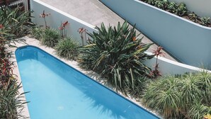 A swimming pool with a metal ladder, surrounded by plants and a tiled deck.
