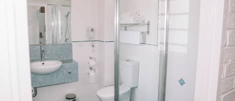 A bathroom with a glass shower enclosure, a white sink, and a toilet.