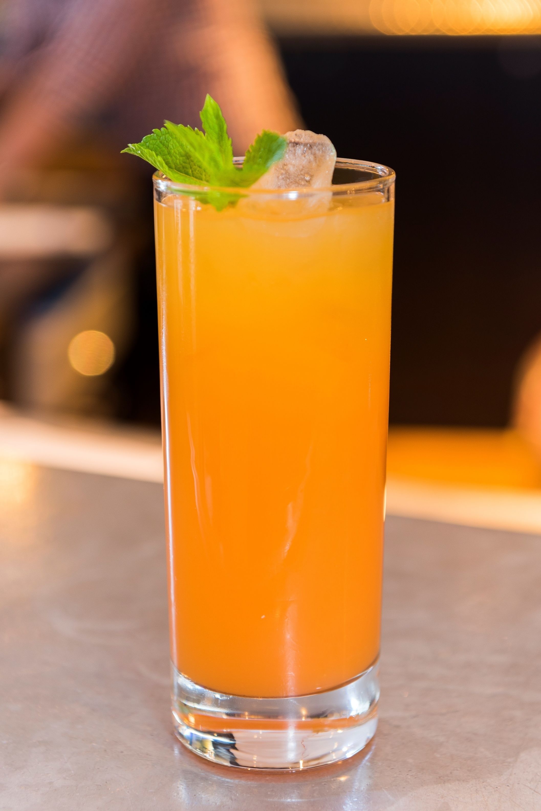 A tall glass with a clear liquid, garnished with a mint leaf and an ice cube.