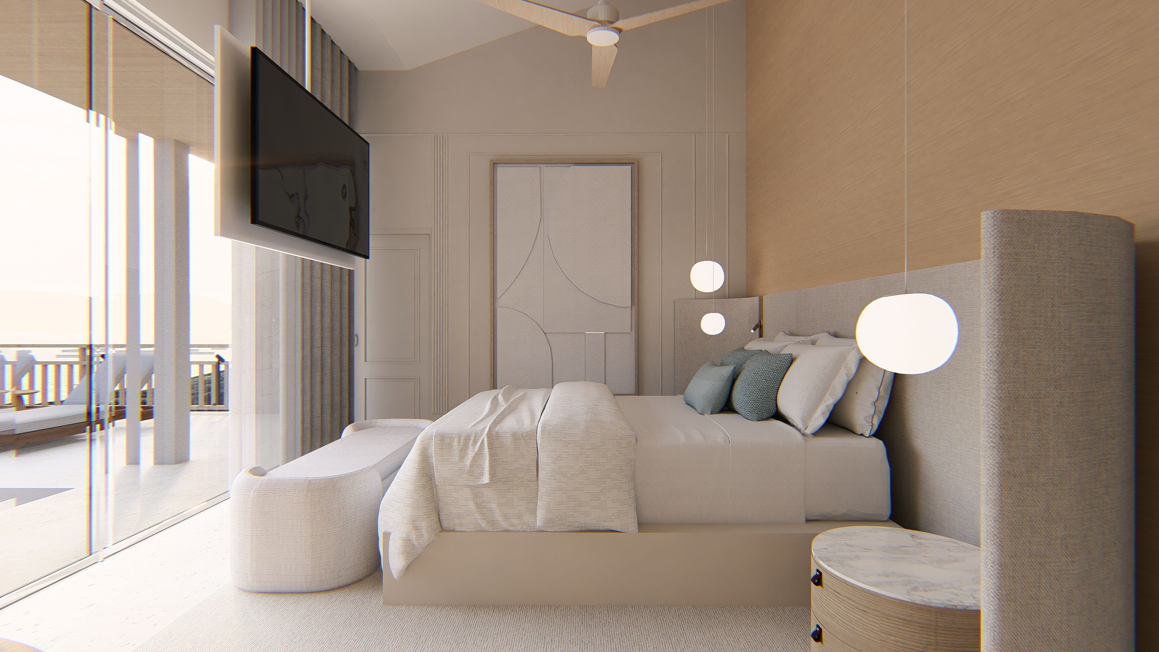 A modern bedroom with a bed, bedside tables, a TV, and a large window.